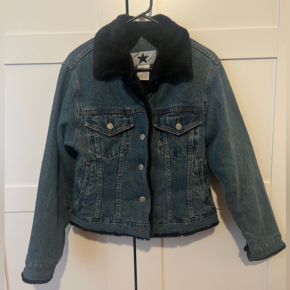 Vintage Star Blue Apparel Faux Fur Lined Denim Trucker Jacket
